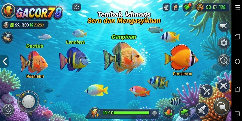 Screenshot utama GACOR78 memperlihatkan aksi seru menembak ikan.
