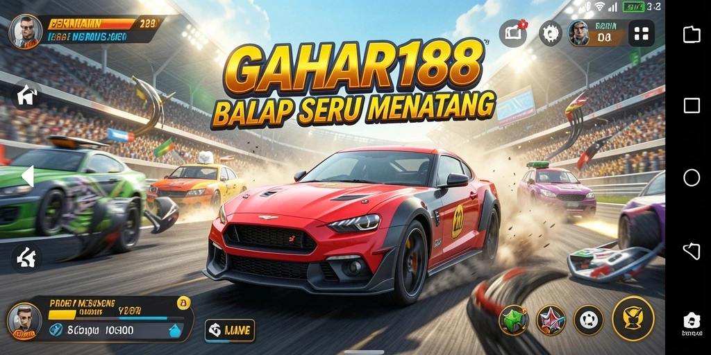 Screenshot gameplay GAHAR188 dengan balapan seru di lintasan.