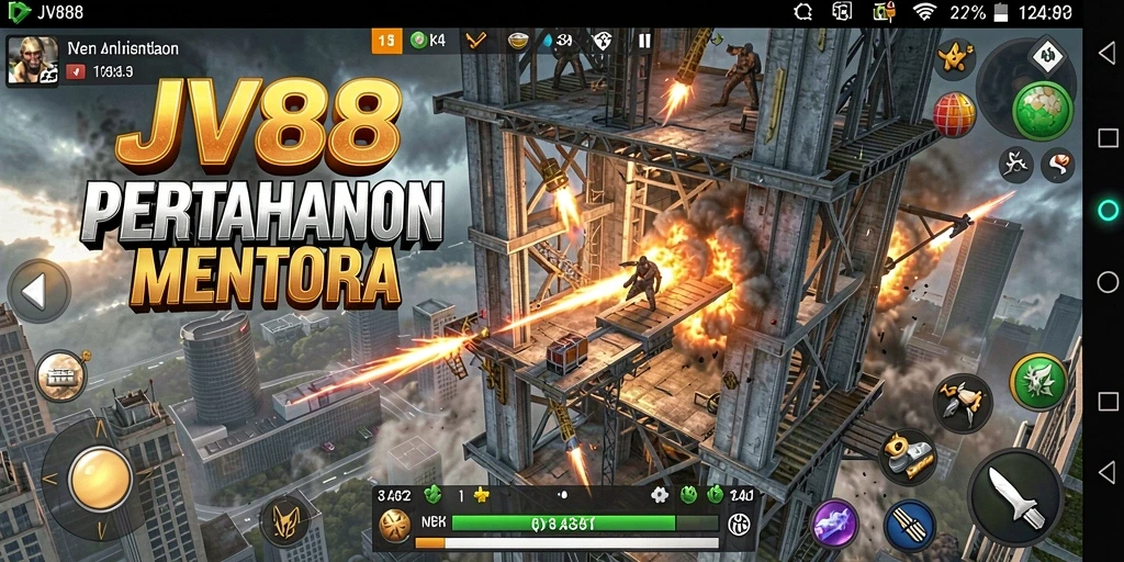 Tampilan gameplay JV88 dengan aksi menara yang mendebarkan.