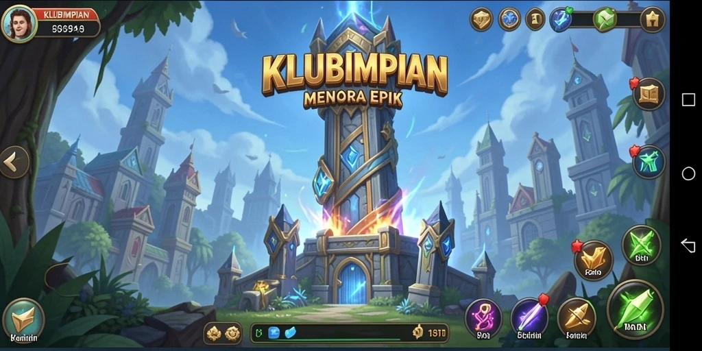 Screenshot gameplay KLUBIMPIAN menunjukkan menara pertahanan yang kuat dan serangan musuh.
