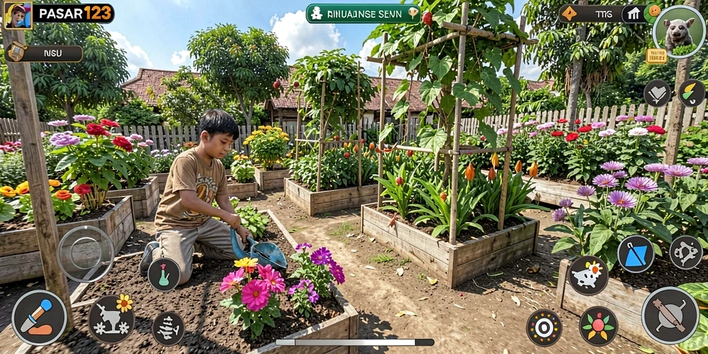 Screenshot gameplay PASAR123 menampilkan kebun yang subur dan aktivitas berkebun.