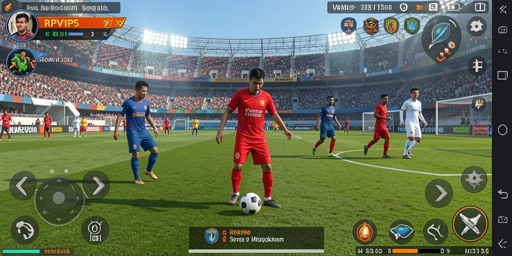 Tampilan gameplay RPVIP5 menampilkan aksi pertandingan sepak bola yang mendebarkan.