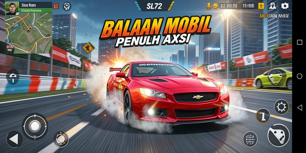 Tangkapan layar gameplay SL72 menampilkan mobil balap yang melaju di lintasan mendebarkan.