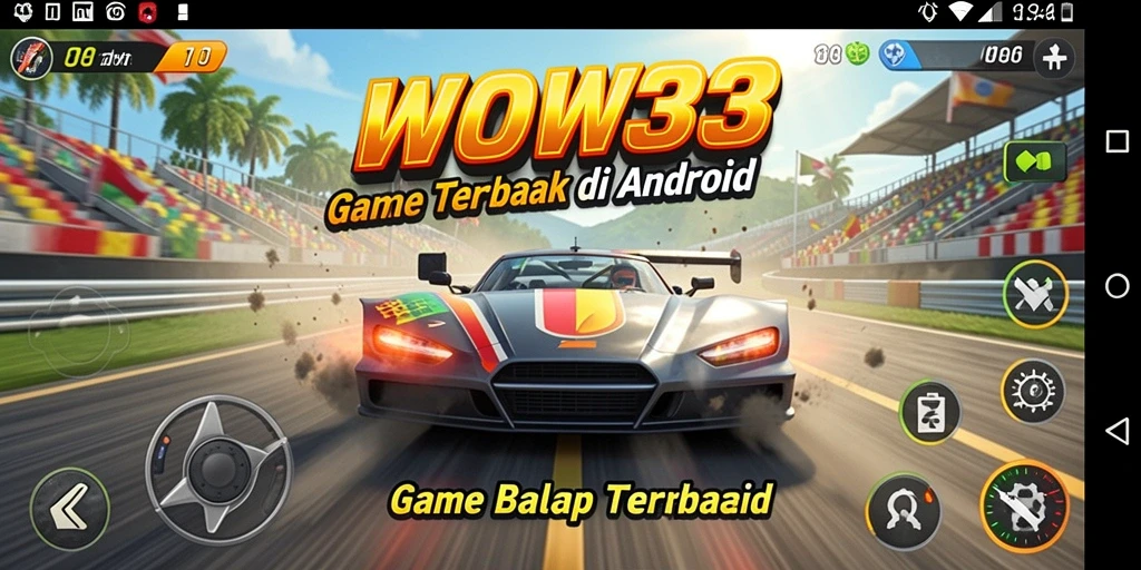 Screenshot utama WOW33 menampilkan balapan seru dengan mobil yang melaju cepat.