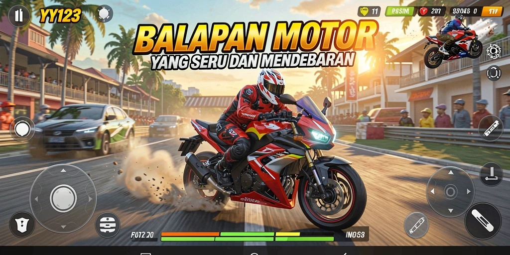 Tampilan layar permainan balapan motor yang mendebarkan dalam YY123.